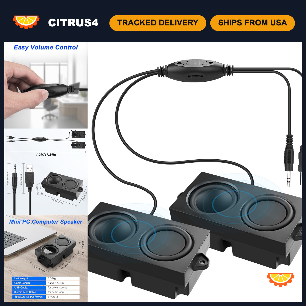 USB Powered Mini Computer Speakers for Desktop & Laptop, HiFi Stereo AUX Input,