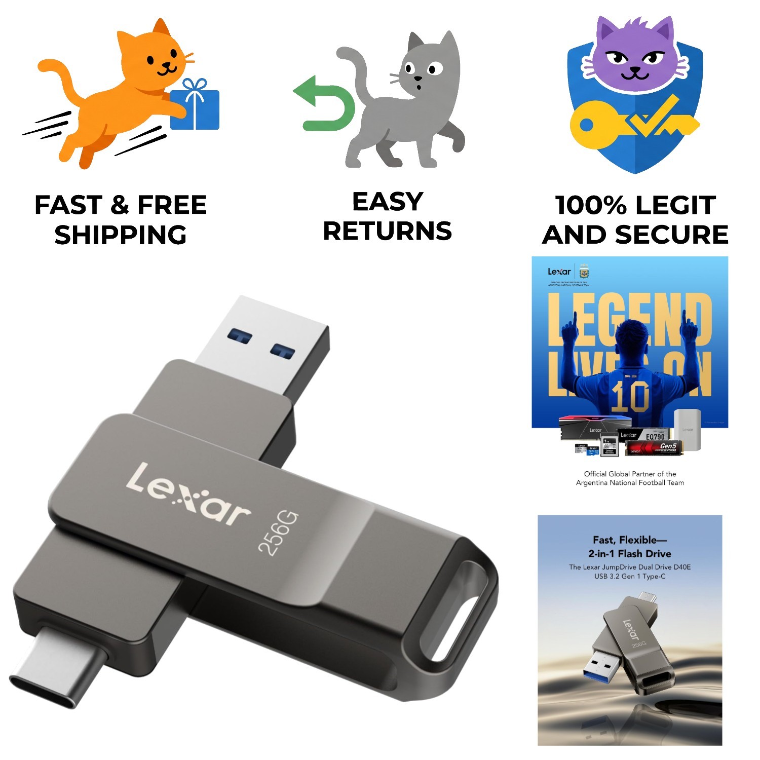 Elegant 256GB USB Type-C & A Jump Drive – 100MB/s Speed in Titanium Grey