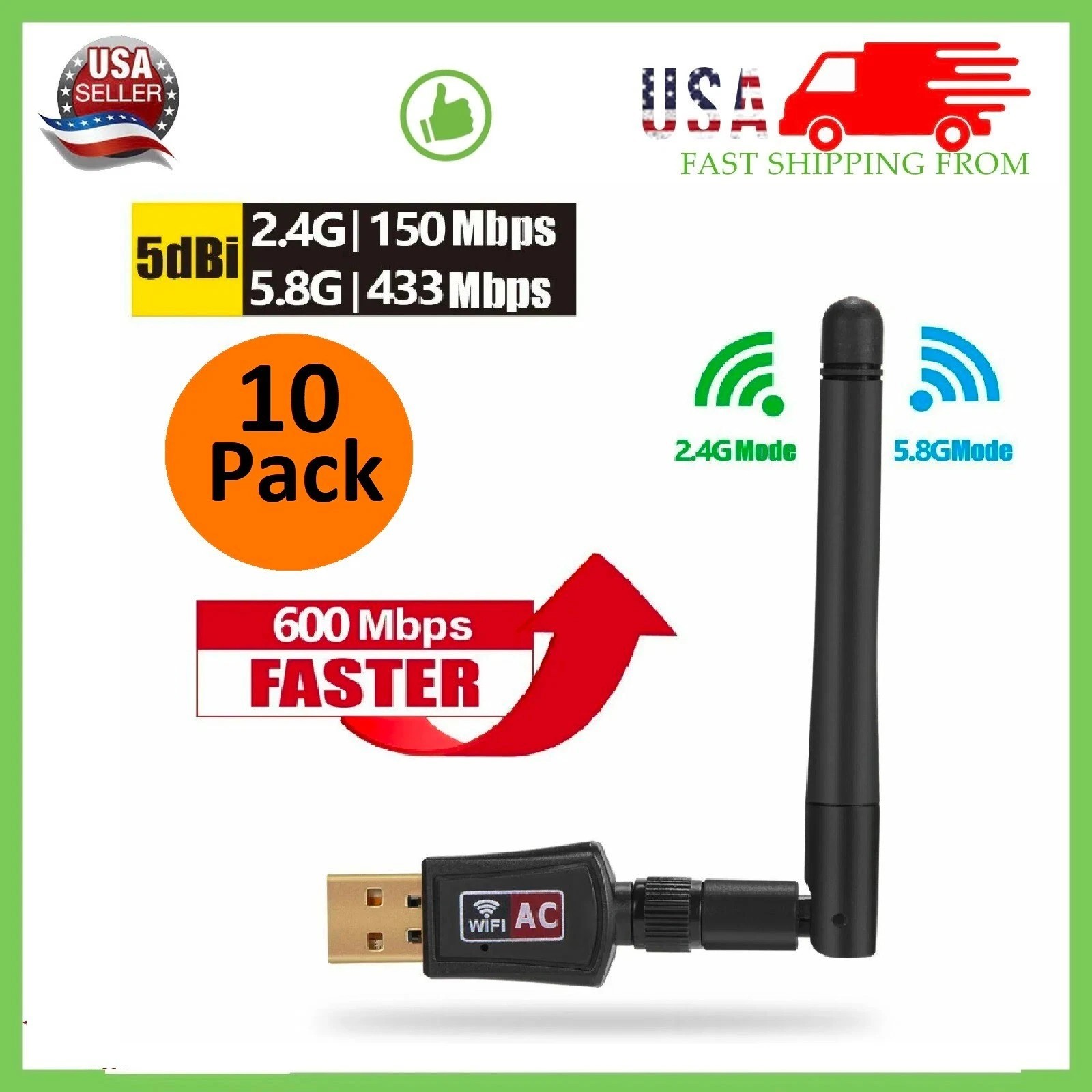 10 x AC600 Mbps Dual Band 2.4/5Ghz Wireless USB WiFi Network w/Antenna 802.11