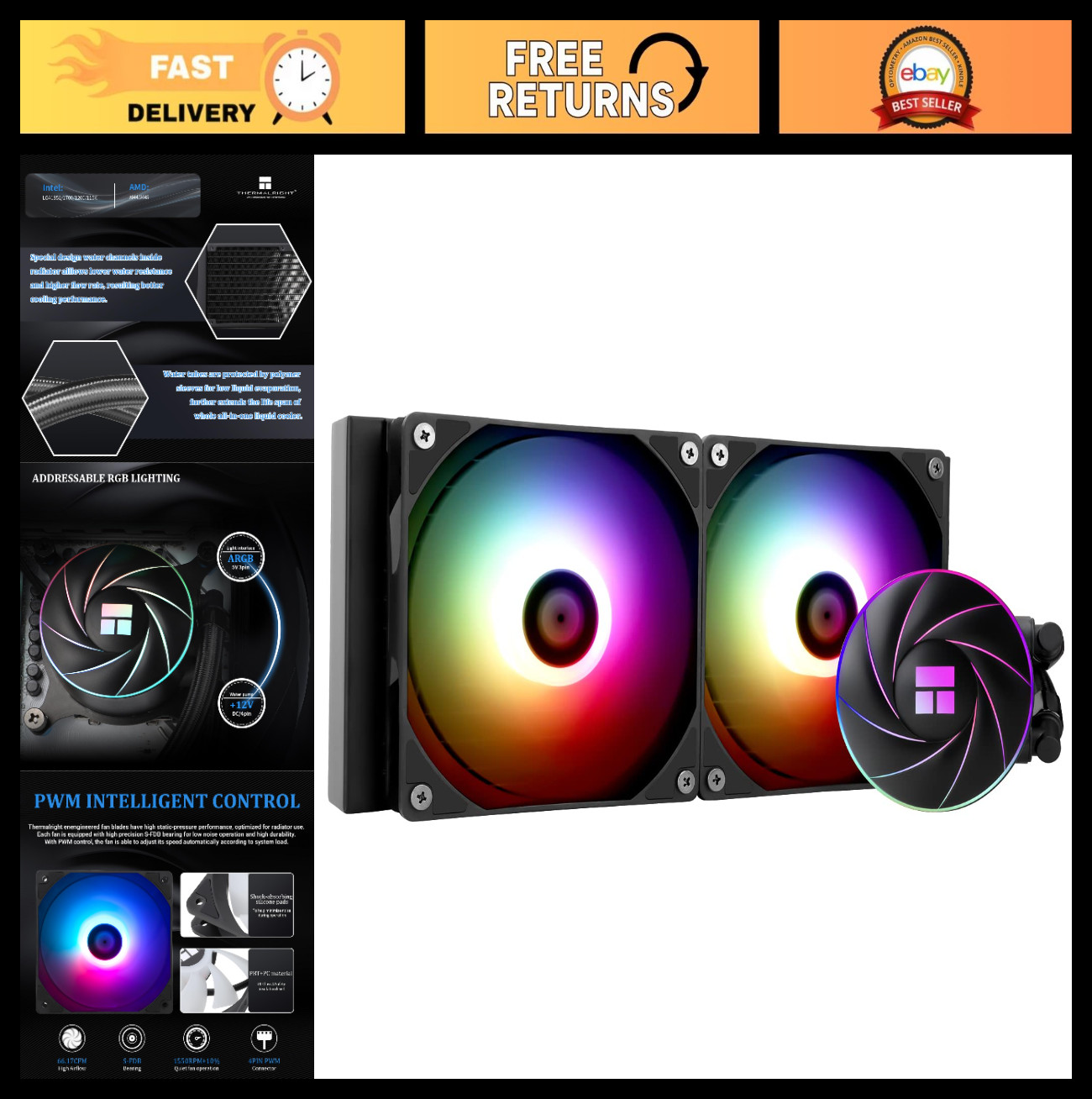 240mm Liquid CPU Cooler with ARGB, 2x120mm PWM Fans, AMD & Intel Compatible