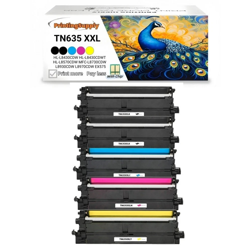 5 Pack Color Replacement TN635XXL Toner Cartridges for Brother Laser Printers