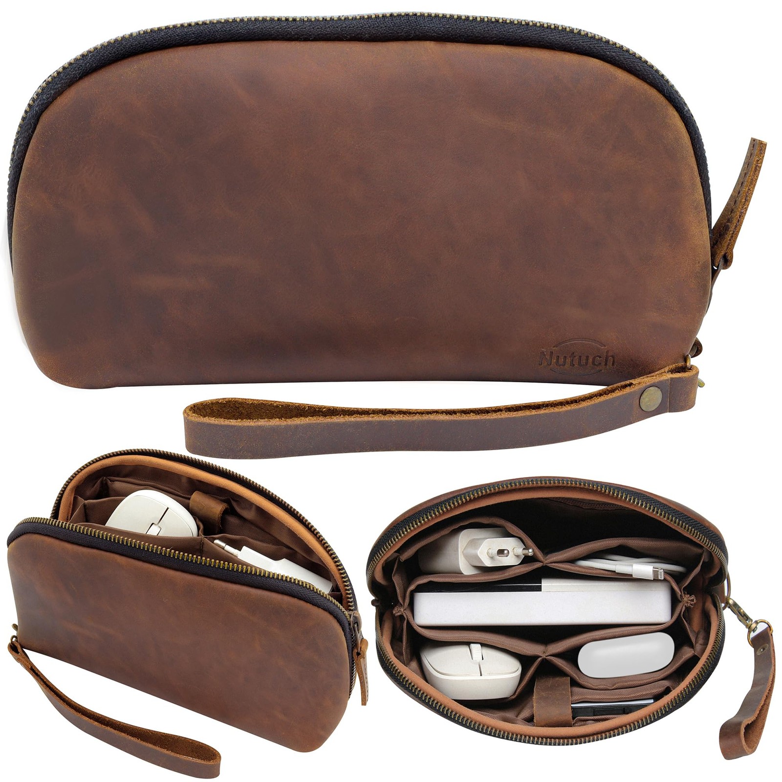 NUTUCH Leather Tech Pouch for 11" x 5.0" x 3", Large Vintage Dark Brown