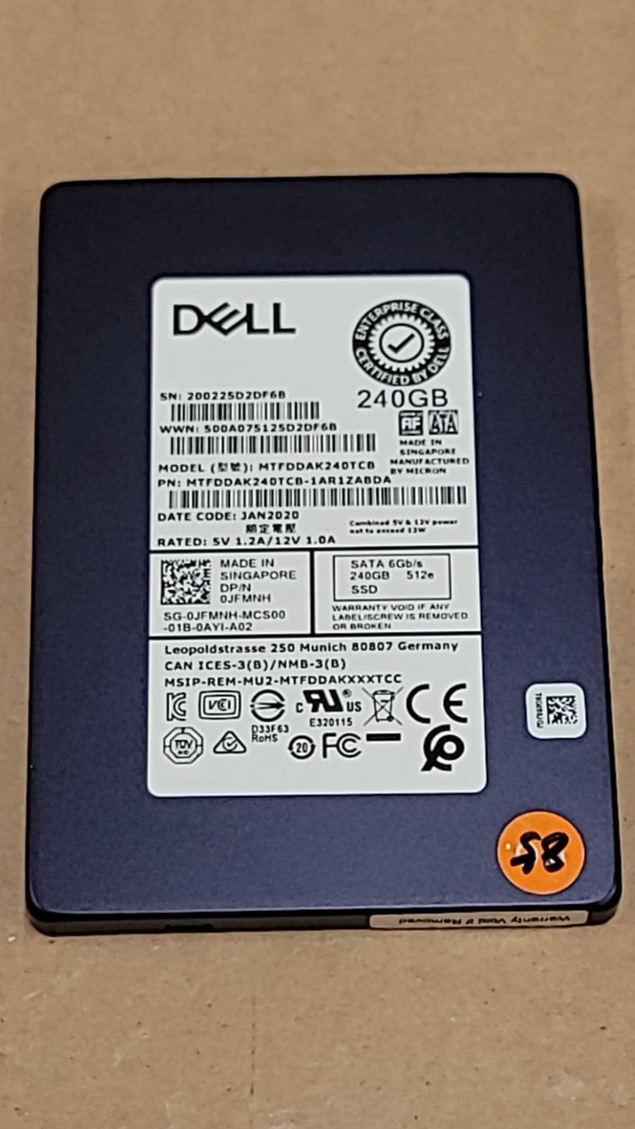 Dell JFMNH 0JFMNH 240GB SSD SATA 2.5" 6G 512E MTFDDAK240TCB 84% to 89% Health