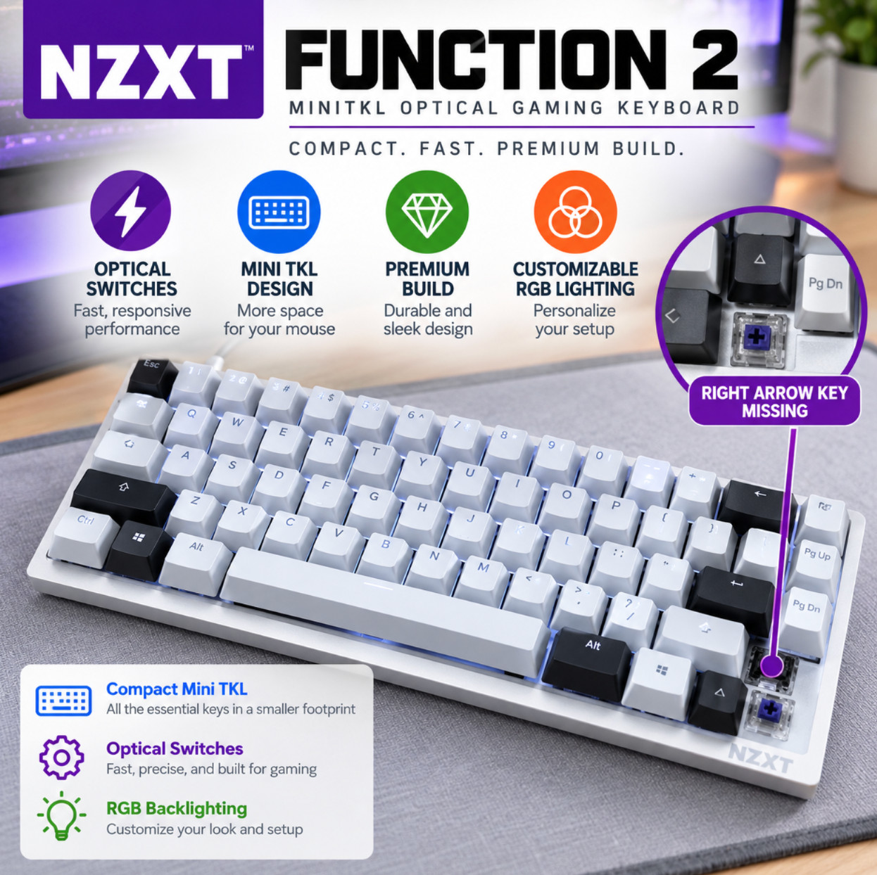 NZXT Function 2 MiniTKL Optical Gaming Keyboard White (Right Arrow Key Missing)