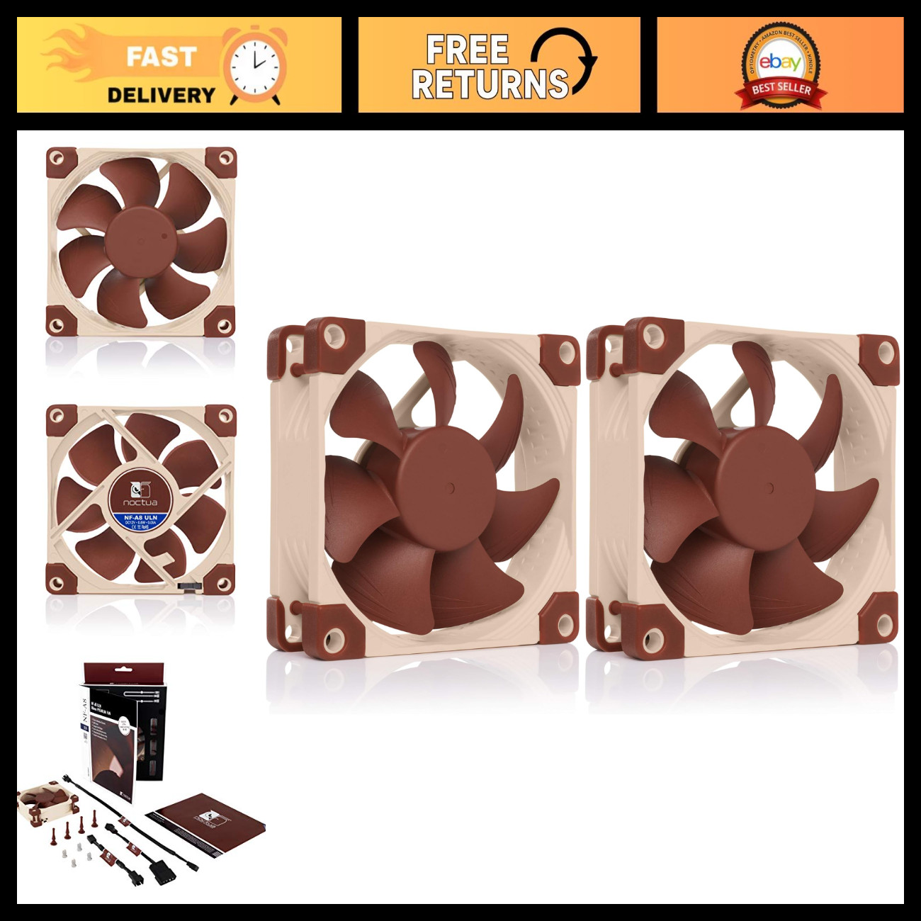 Ultra Quiet 80mm Silent Fan, 3-Pin, Low Noise Cooling - Pack of 2, Brown