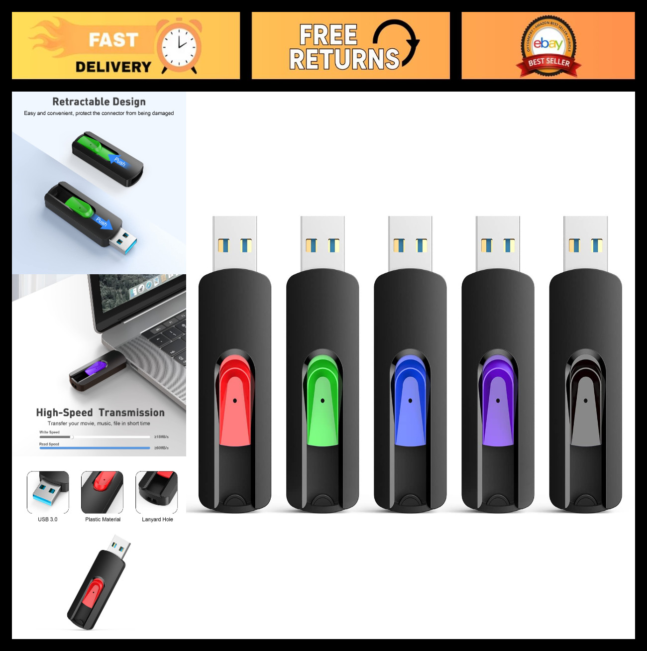 64GB USB 3.0 Flash Drive 5 Pack - High Speed Memory Stick Thumb Drives for PC/La
