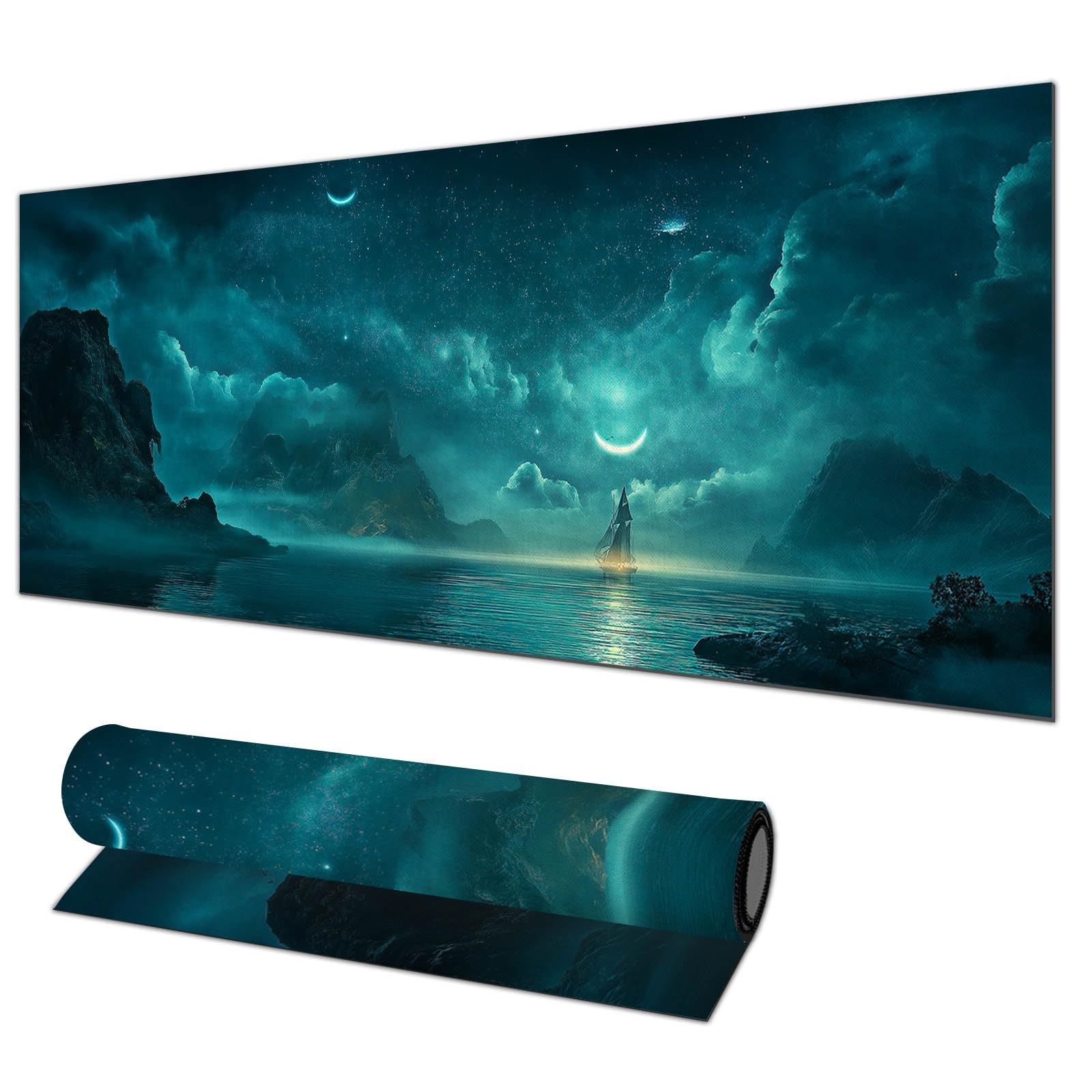 Large Mouse Pad 31.5x11.8 Inch Gaming Mousepad Teal Moon Night Seascape Art