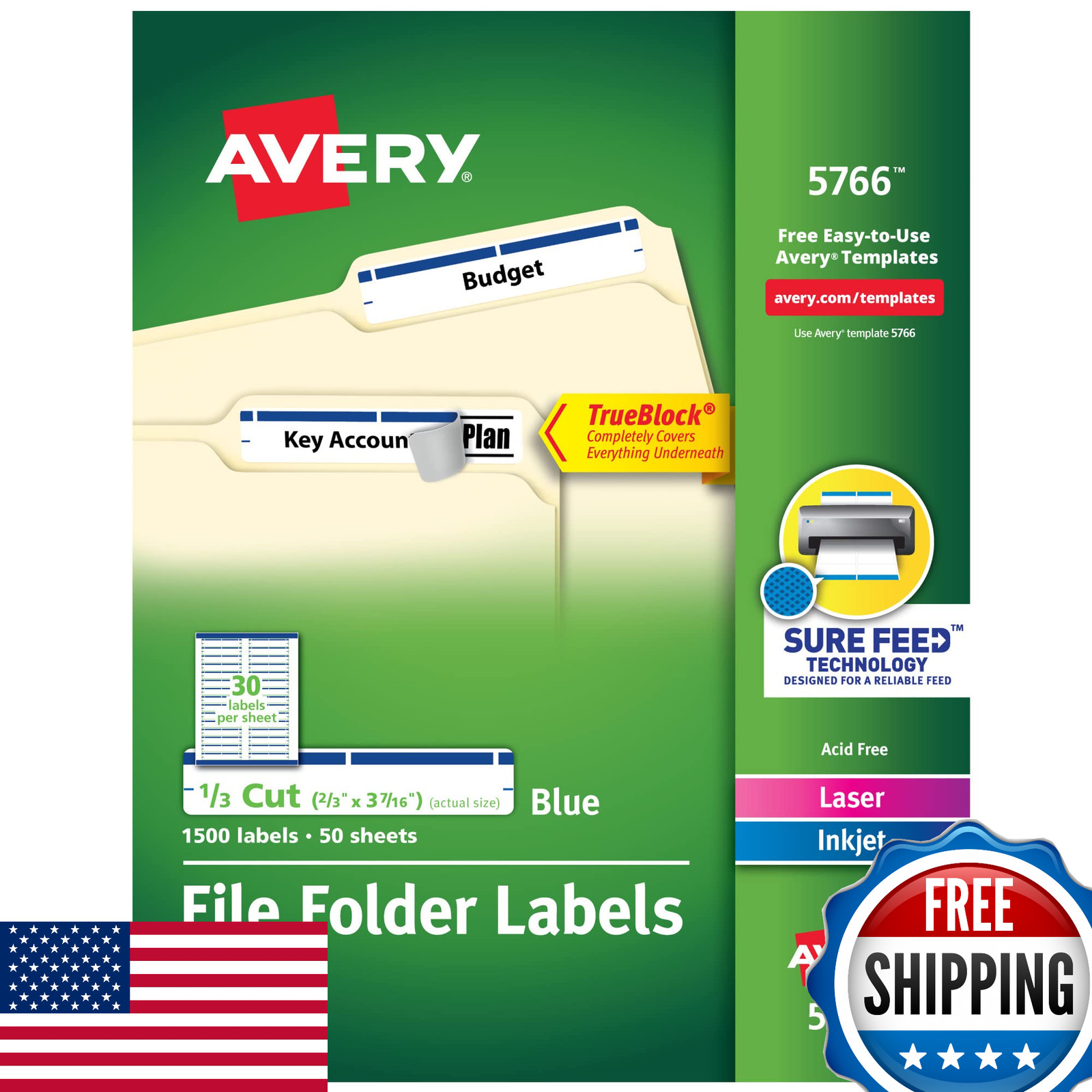 Avery TrueBlock File Folder Labels 2/3" x 3-7/16" 1500 White Blue Permanent