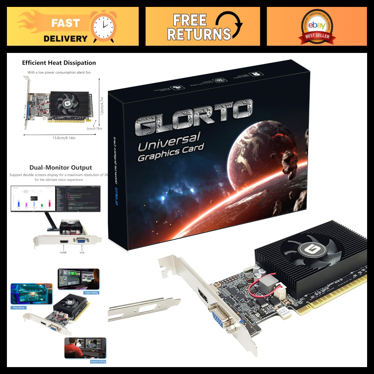 Low Profile 2GB DDR3 Graphics Card, PCIe x16, HDMI/VGA, Entry Level GPU for PC,