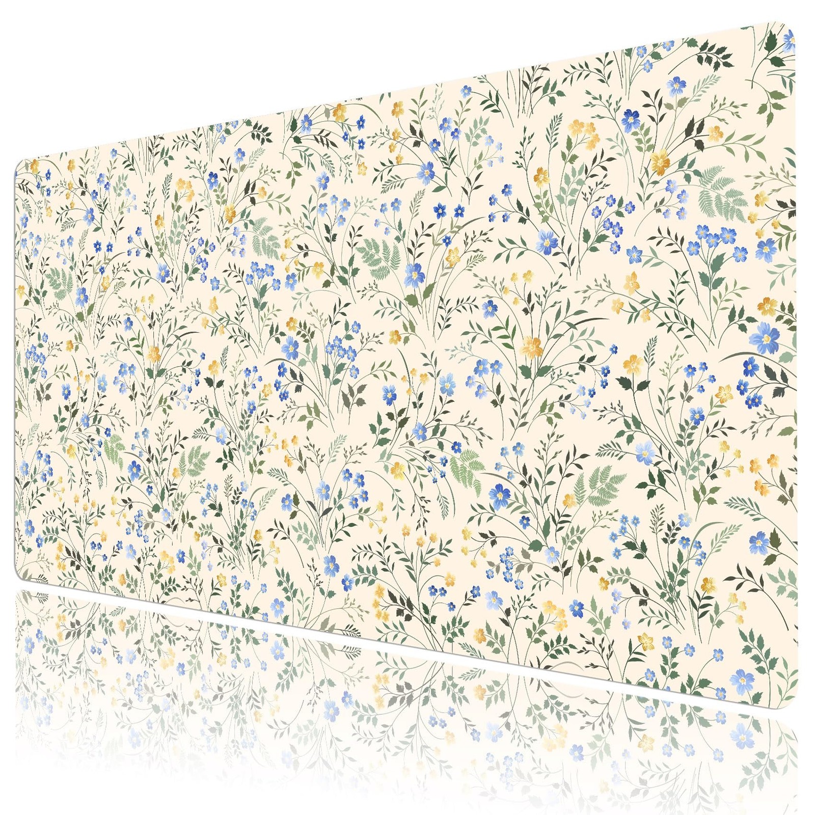 Blue Floral Mouse Pad Green Plant Leaf on Beige Desk Mat for Keyboard and Mou...