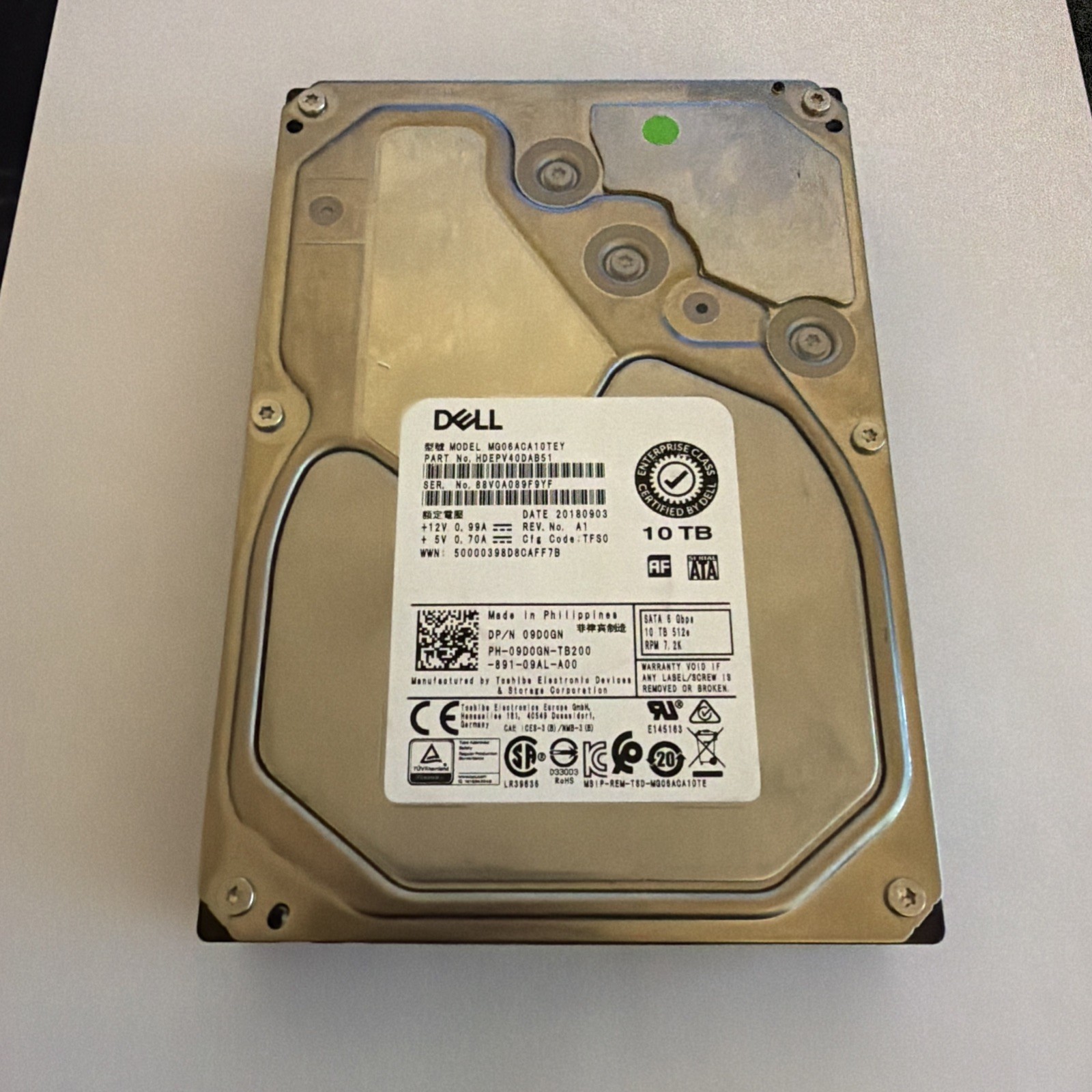Dell EMC Toshiba 10TB MG06ACA10TEY SATA 6Gb/s 7200RPM HDD DP/N 09D0GN