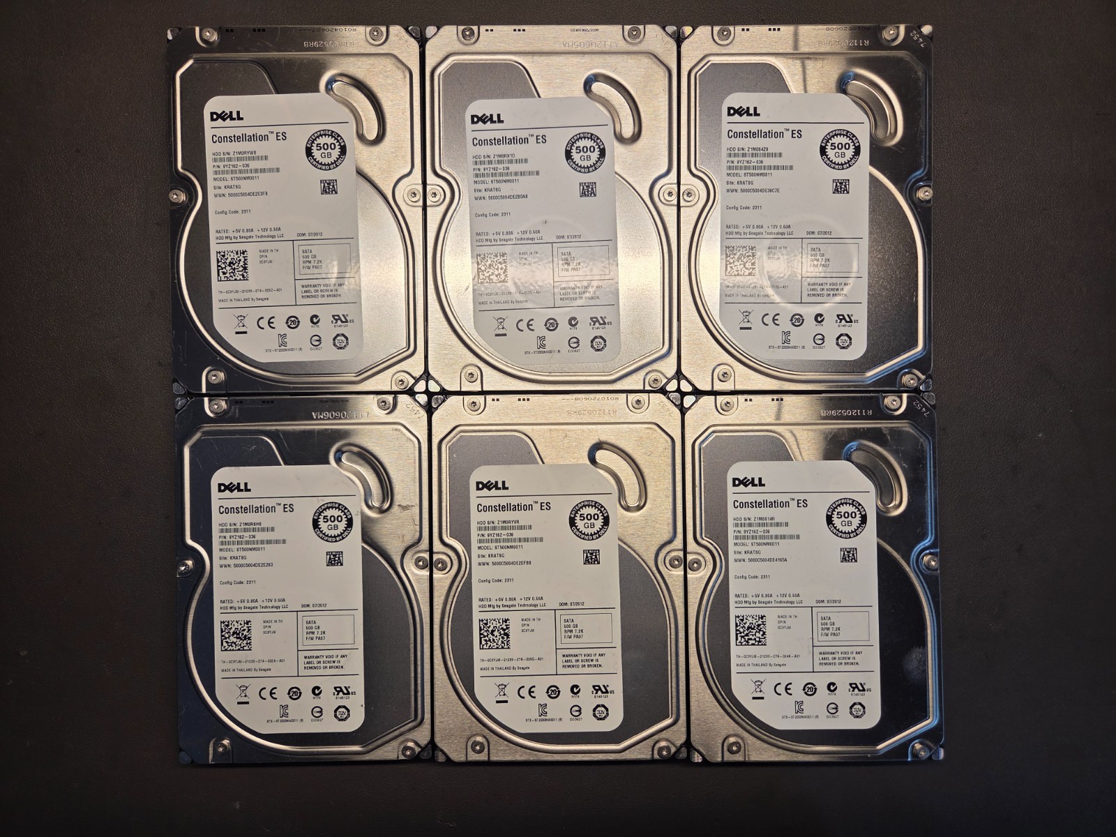 Lot of Six (6) - Dell Constellation ES 500GB 7.2K 3.5" SATA HDD ST500NM0011