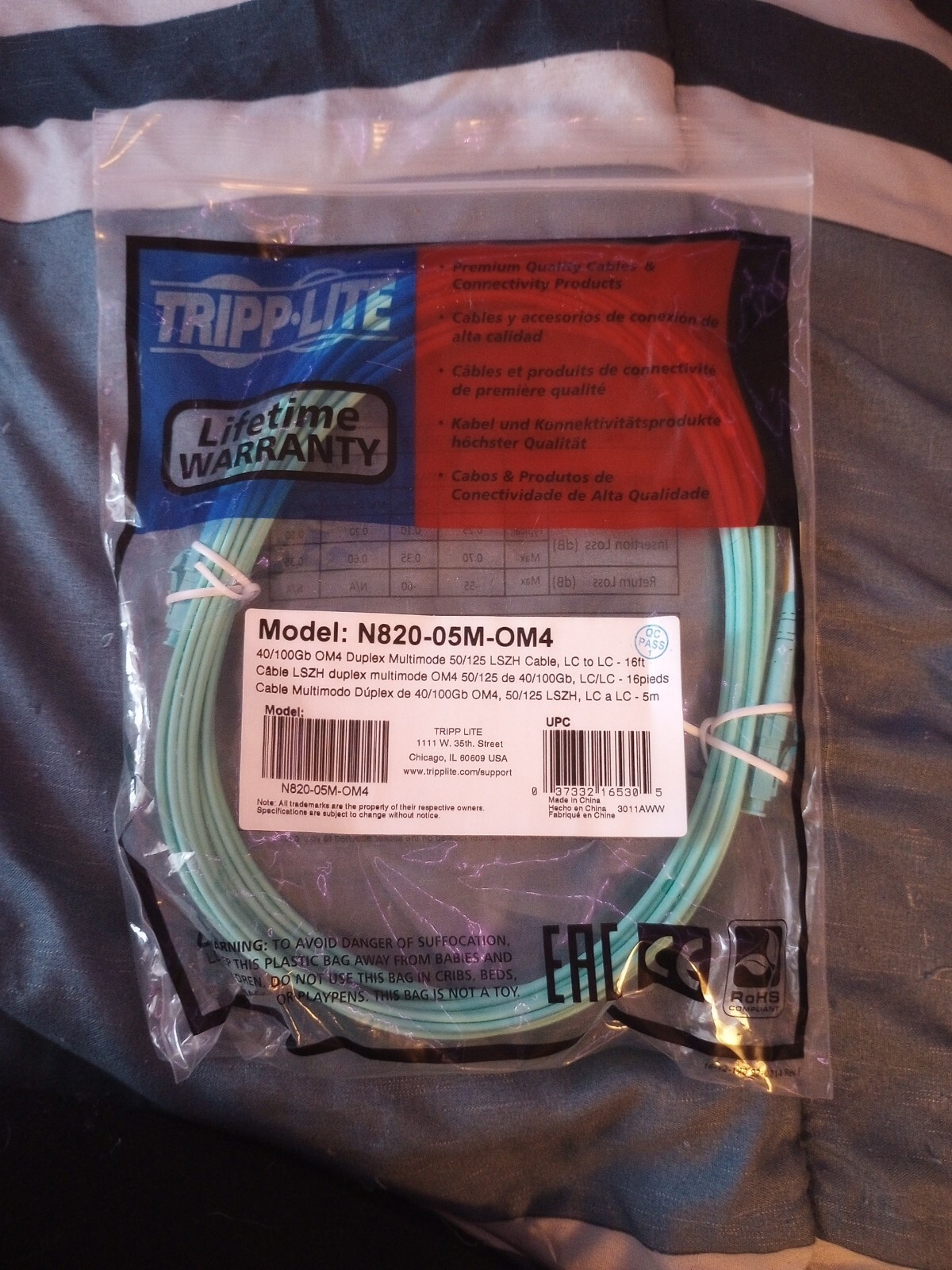 2 Tripp Lite N820-05m & TTI brand 5m 10gb Duplex MMF Patch Cable LSZH Aqua Fiber