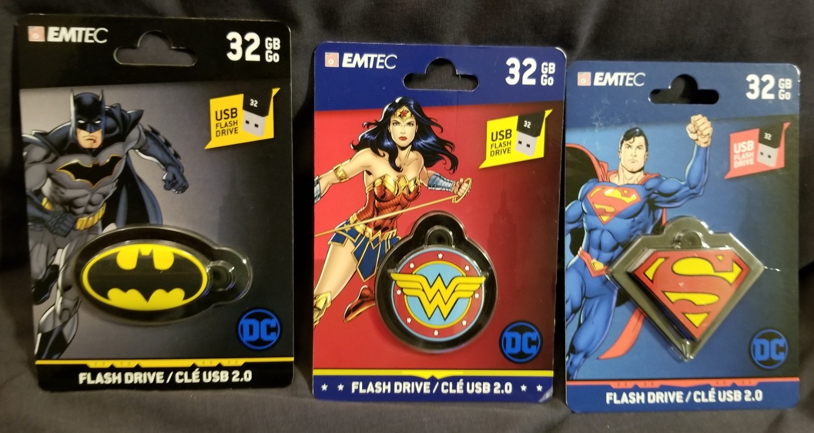 Emtec USB 32 GB Flash Drives Batman, Superman, Wonder Woman - Lot Of 3
