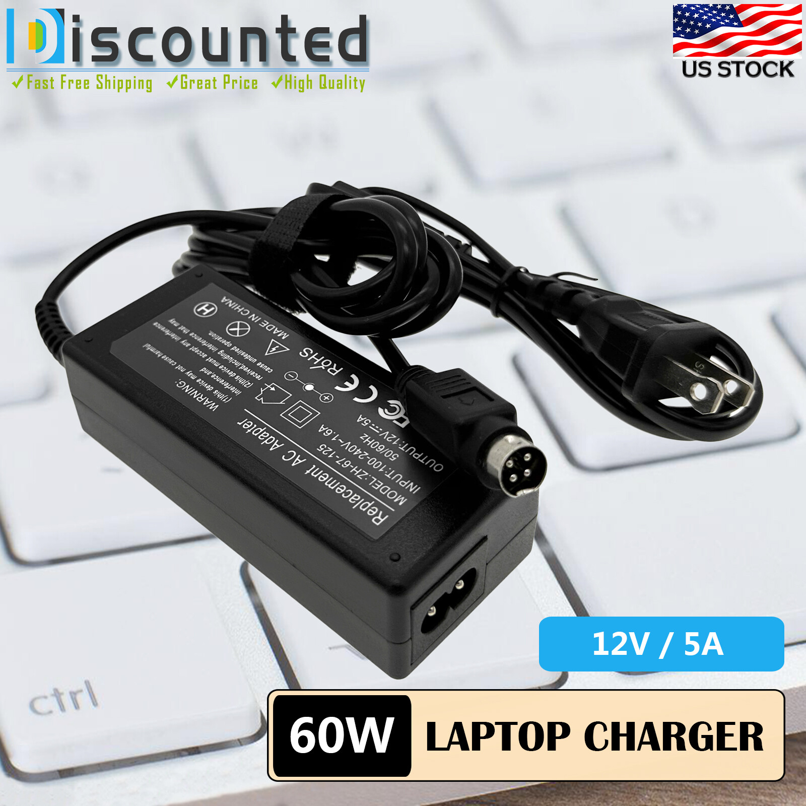 4-Pin 12V 5A AC Adapter Charger For Gateway GTW-L17M103 GTWL17M103 LCD Monitor