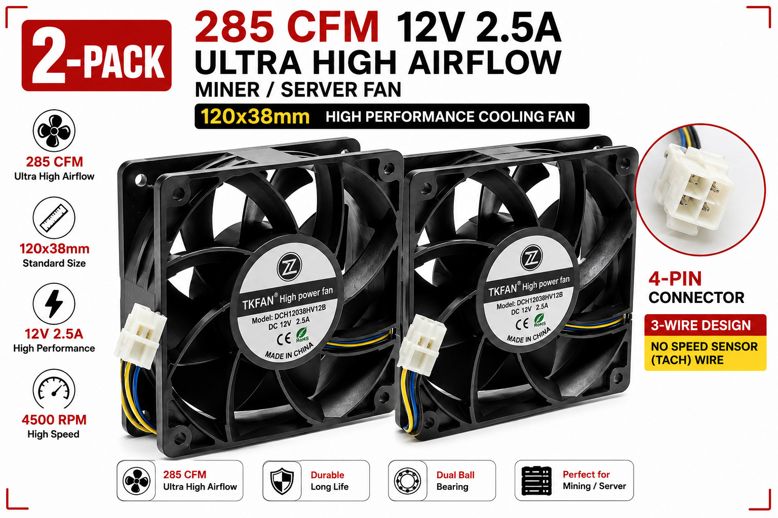 2-Pack 285 CFM 12V 2.5A Ultra High Airflow Miner Server Fan 120x38mm 3-Pin PWM
