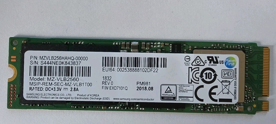 Samsung MZ-VLB2560 PM981 256GB m.2 PCIe NVMe SSD 100% Health