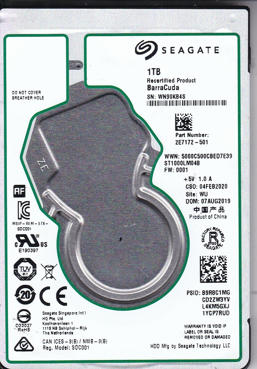  ST1000LM048 p/n: 2E7172-501 f/w: 0001 WU s/n: WN9 1TB SATA 2.5 HDD 5525