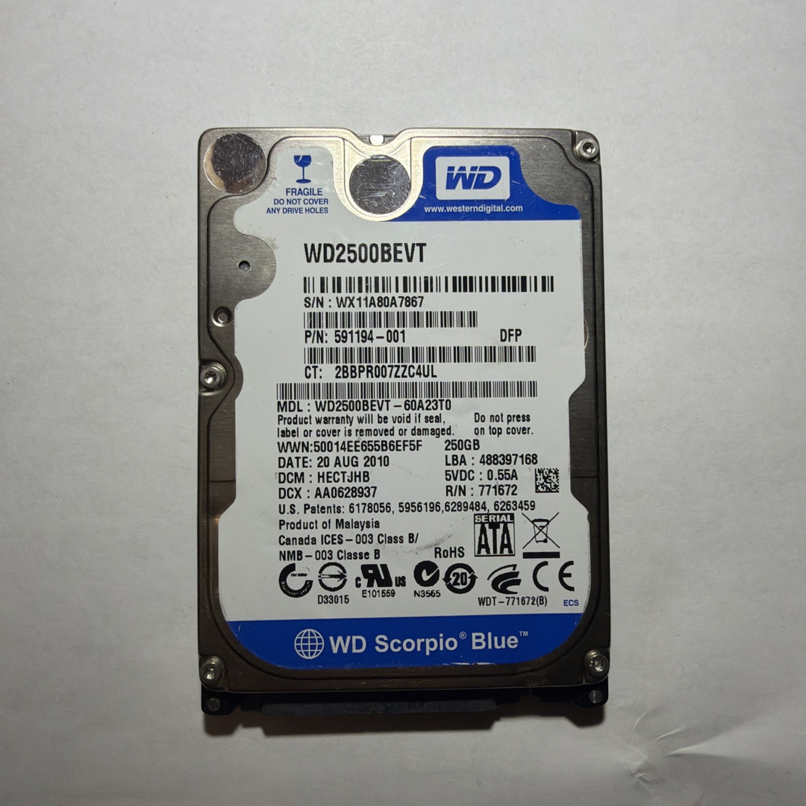 Western Digital Scorpio Blue 250GB 2.5" SATA Hard Drive - WD2500BEVT - TESTED