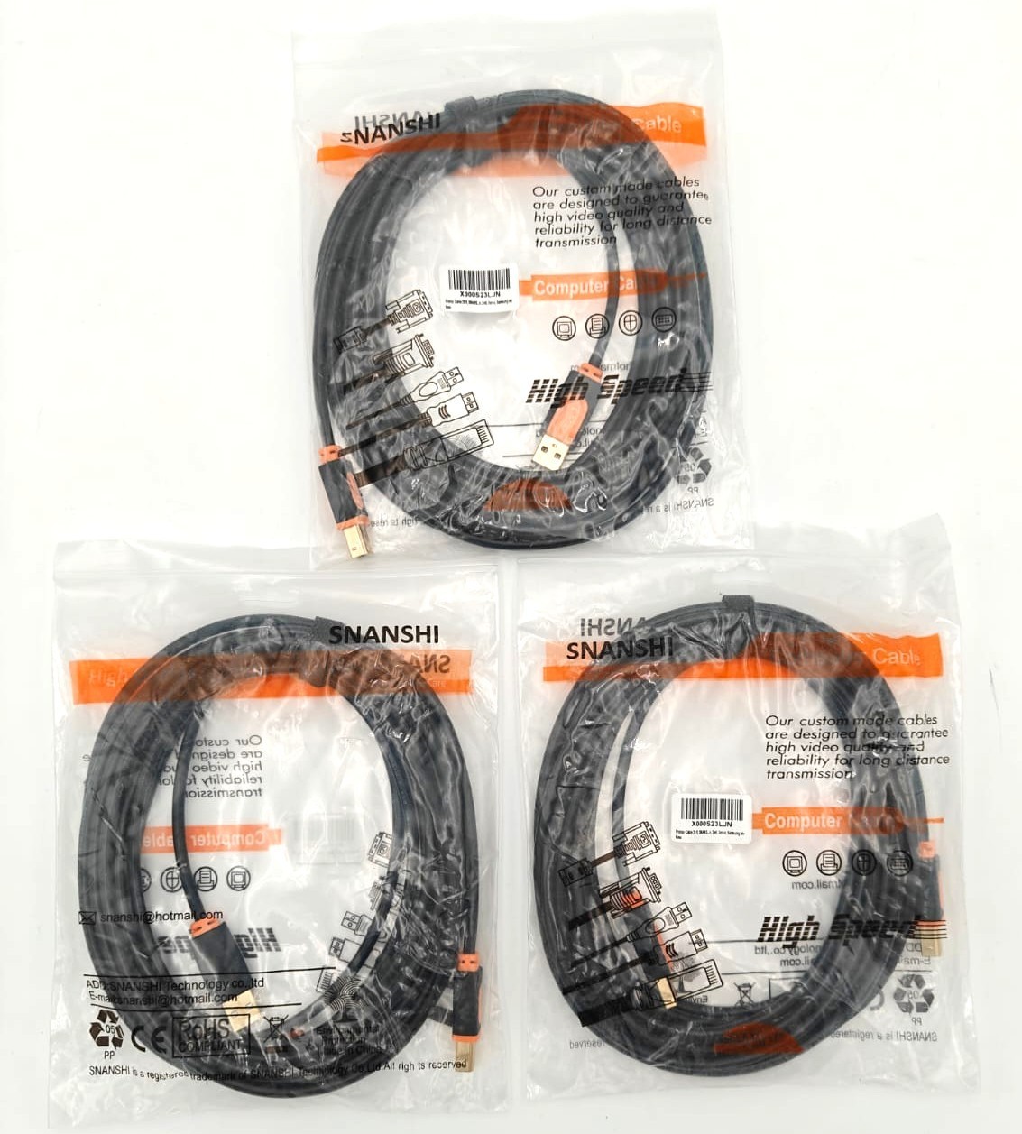 Lot of 3 SNANSHI USB 2.0 Printer Cable 20 Feet Type A to Type B High Speed Black
