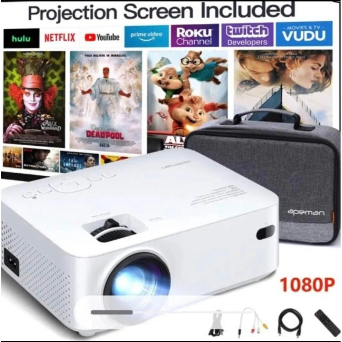 APEMAN Mini Projector 1080P LCD Display 200'' Portable Video Projector, Screen I