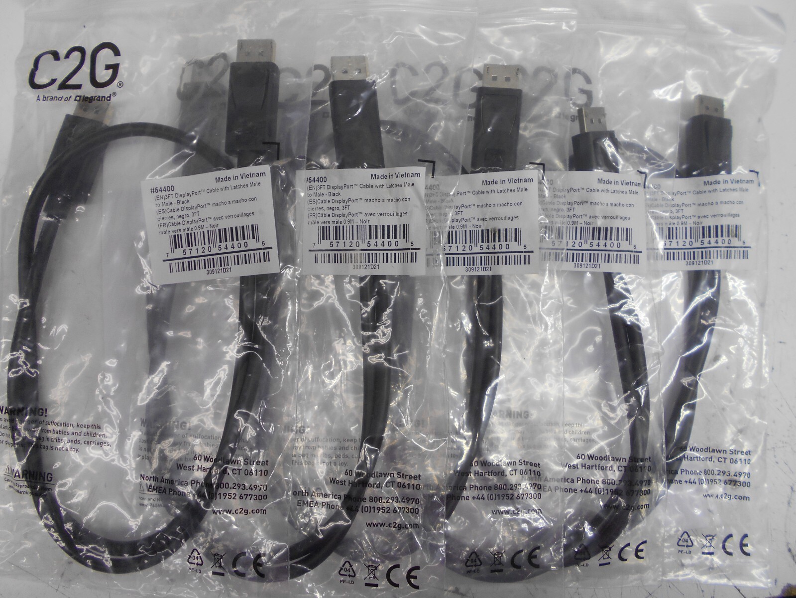 C2G 3 FT DisplayPort™ Cable with Latches Male to Male – Black Cables Qty 5