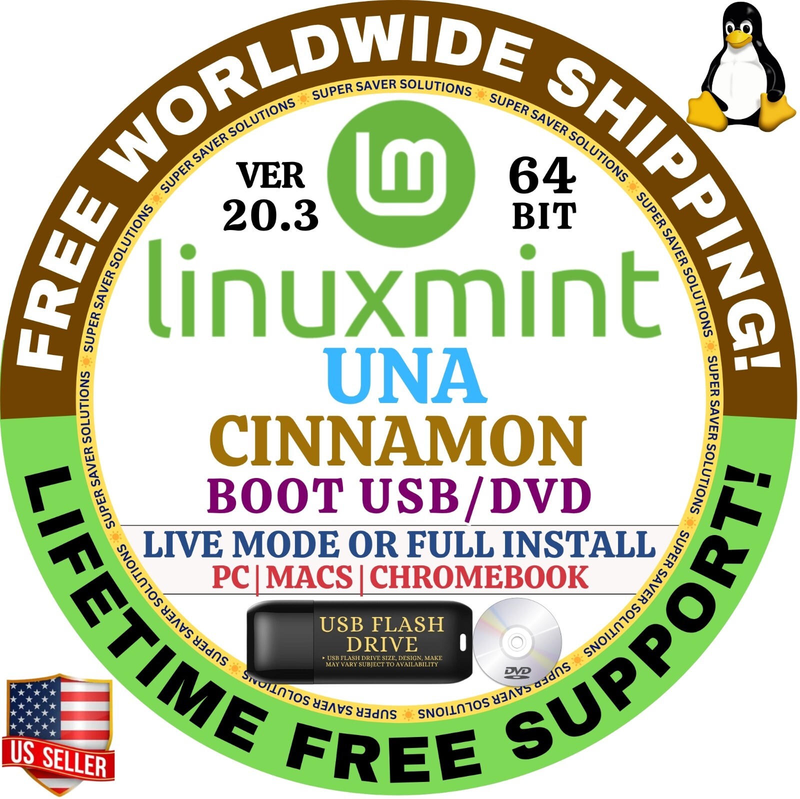 Linux MINT 20.3 B USB UNA Cinnamon 64-Bit Live Boot, Full Install for MAC, PC