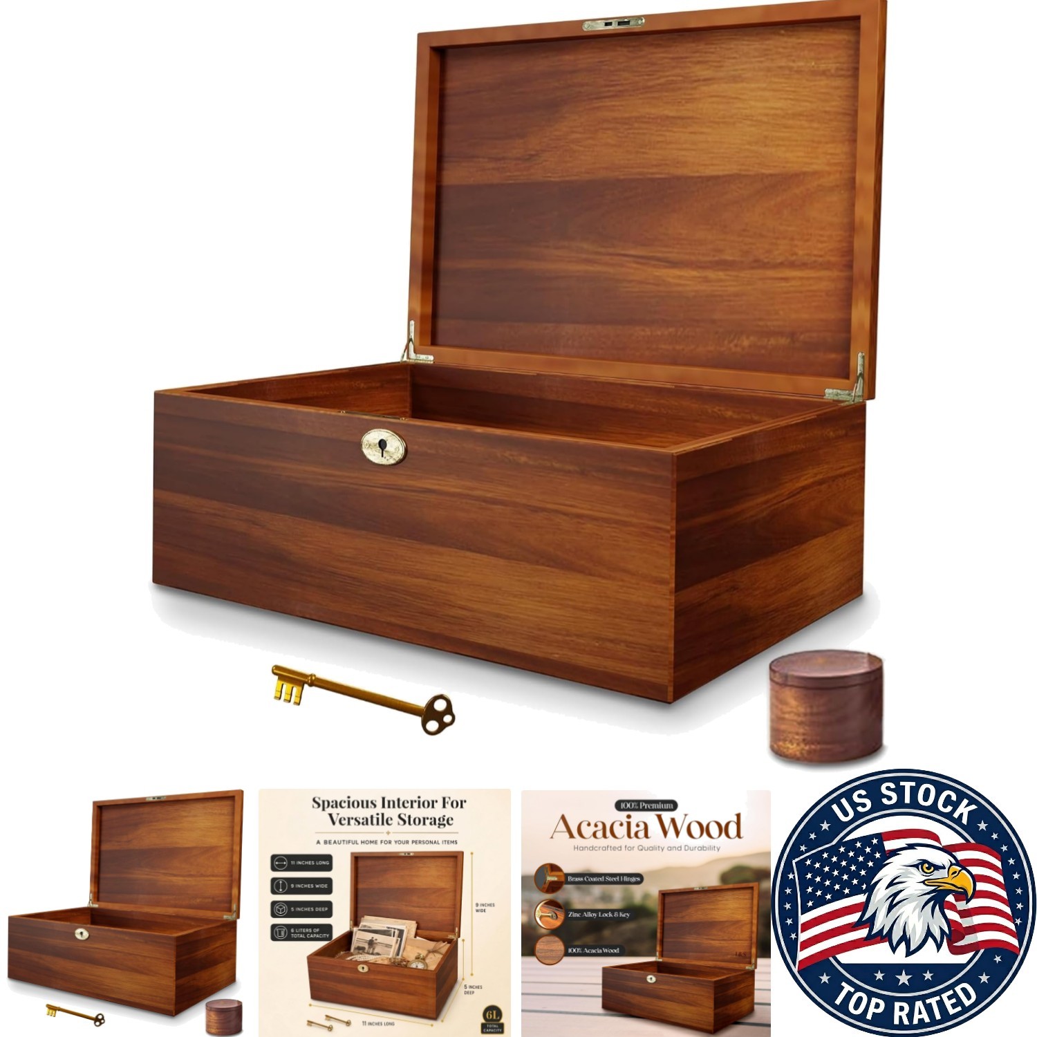 Elegant Acacia Wood Memory Box with Locking Key - 11x9x5 Inch Keepsake Treasure