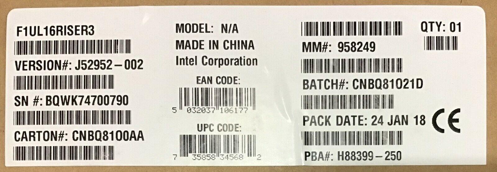 Intel F1UL16RISER3 1U PCIe x16 1-slot Riser Card NEW BULK PACKAGING