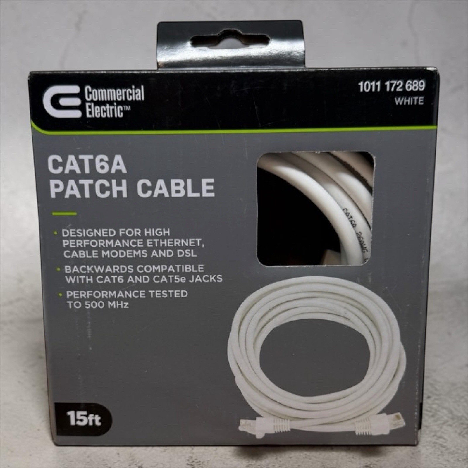 Commercial Electric CAT6A Patch Cable 15ft White Ethernet 500MHz 1011172689