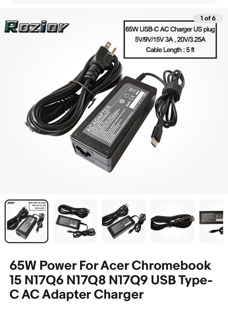 65W USB-C AC Charger US Plug 5V/9V/15V 3A, 20V/3.25A cable length: 5 ft. 