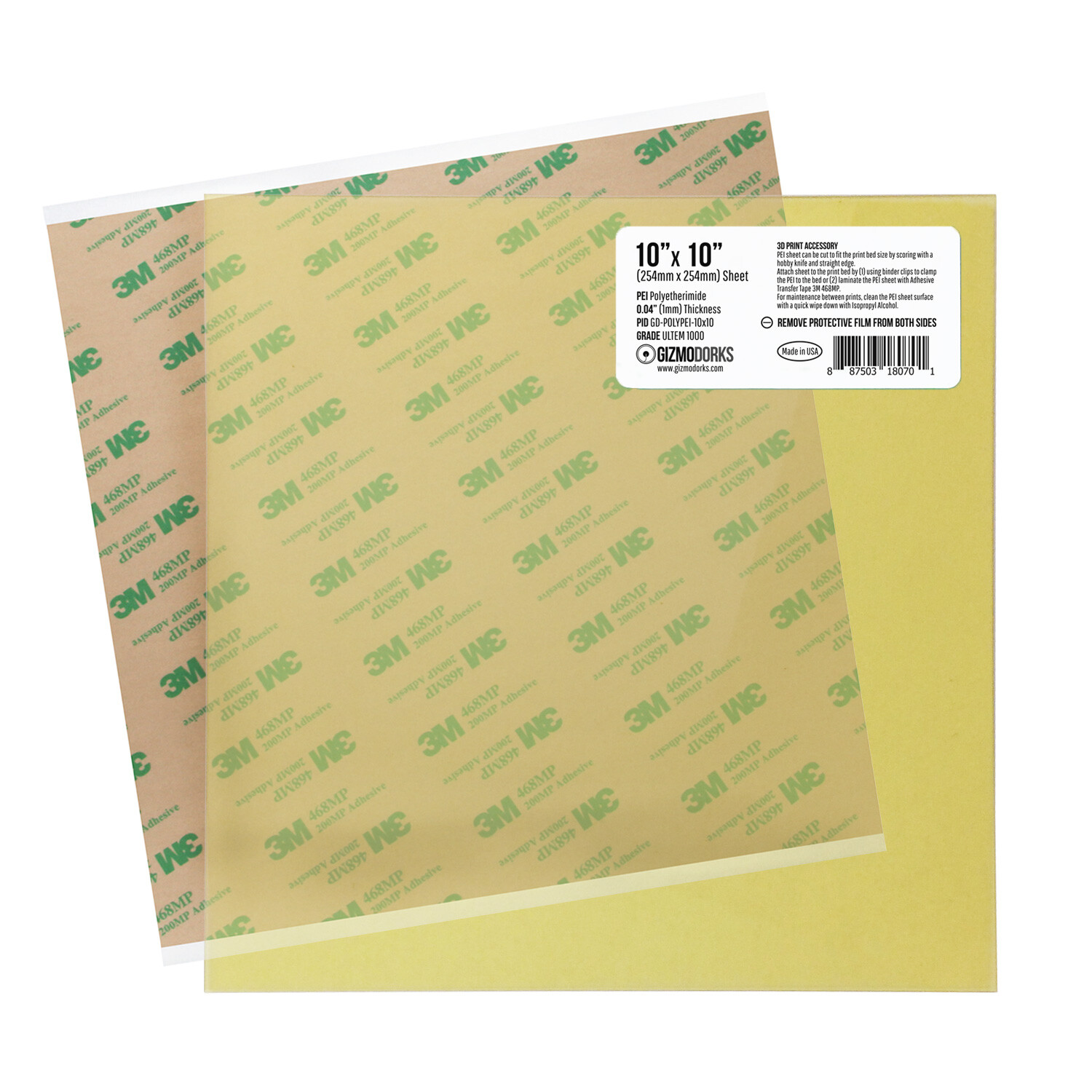 Gizmo Dorks PEI Sheet 1mm Thick 3D Printer Build Surface Ultem 1000, Made in USA