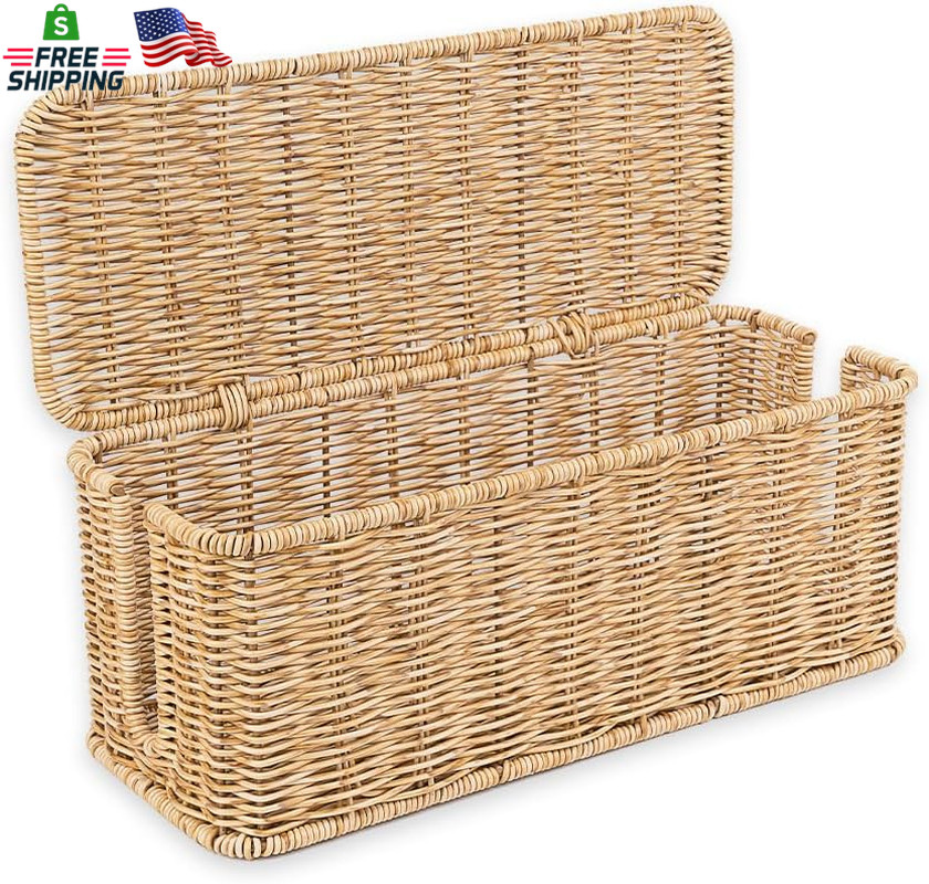 Handmade Rattan Cable Management Box 2-Slot Cord Organizer Under Desk Natural