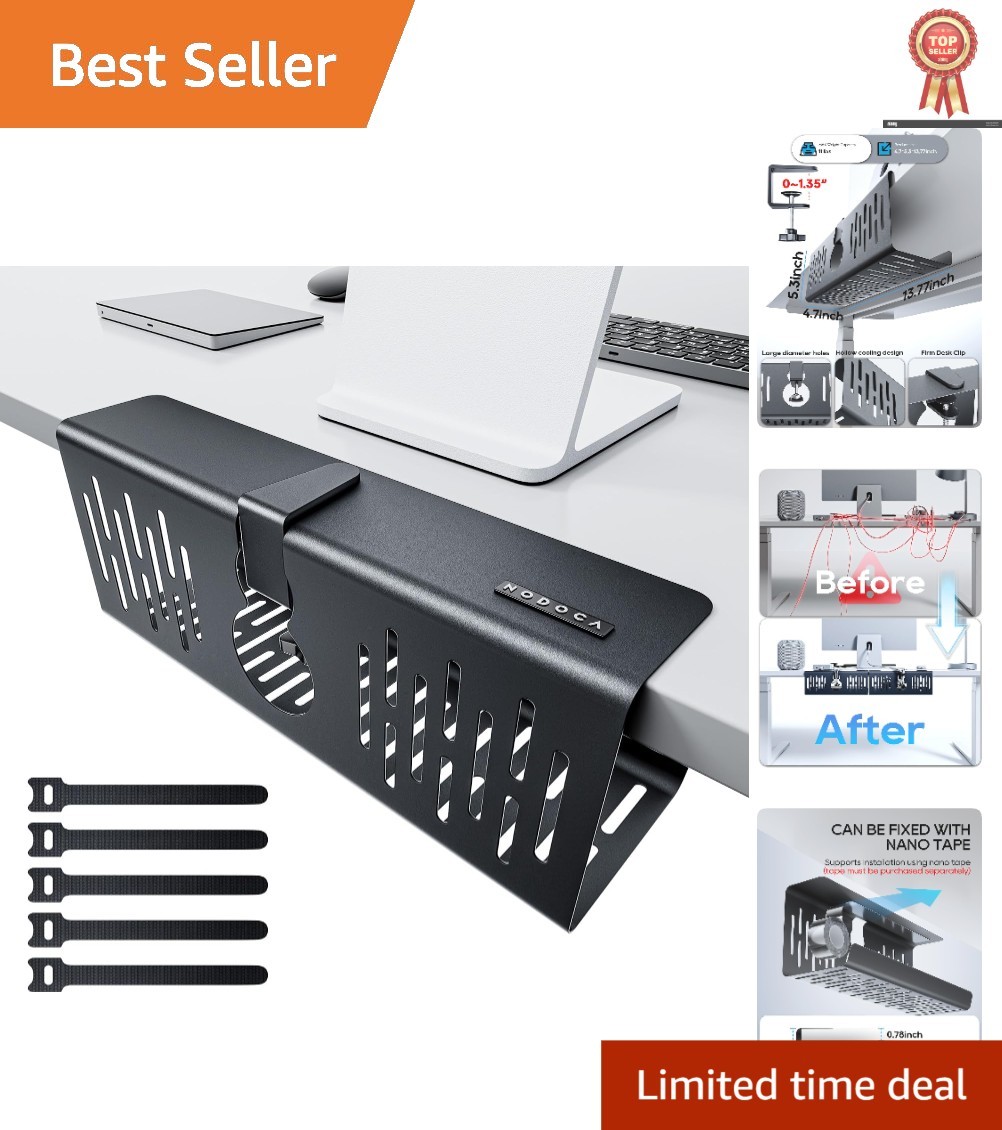 Elegant Black Under Desk Cable Management Tray - No Drill Clamp Installation