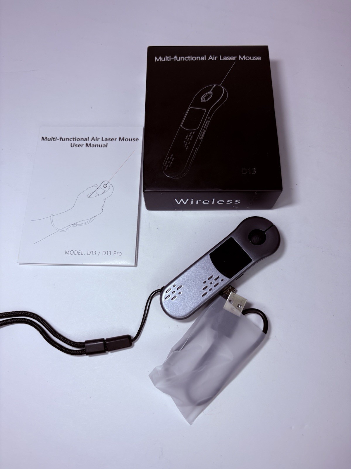 D13 Wireless Air Mouse Laser Tracking Gray w/ USB Receiver & User Manual