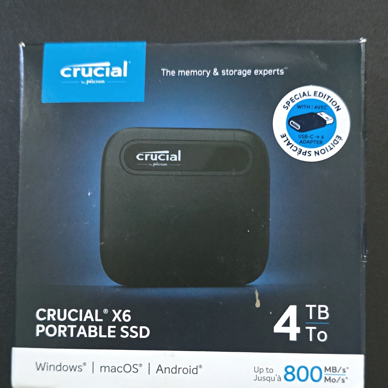 Crucial X6 4TB Portable External SSD USB-C Black w/ Adapter Up to 800MB/s