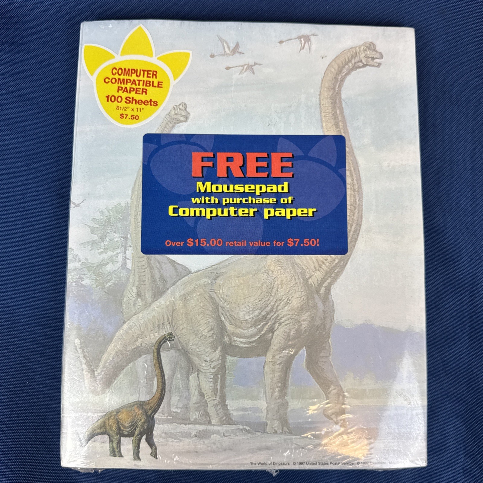 VTG 1997 Dinosaur Printer Paper 100-Pk + MOUSE PAD Sealed USPS Brontosaurus USA