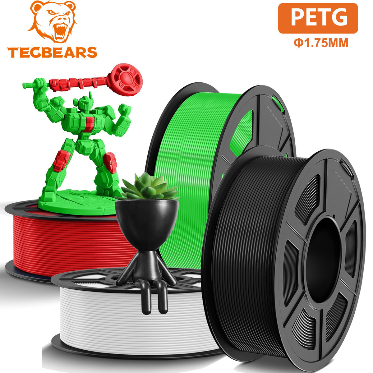 TECBEARS 4KG PETG Filament 1.75mm 3D Printer Filament Consumables No Bubbles