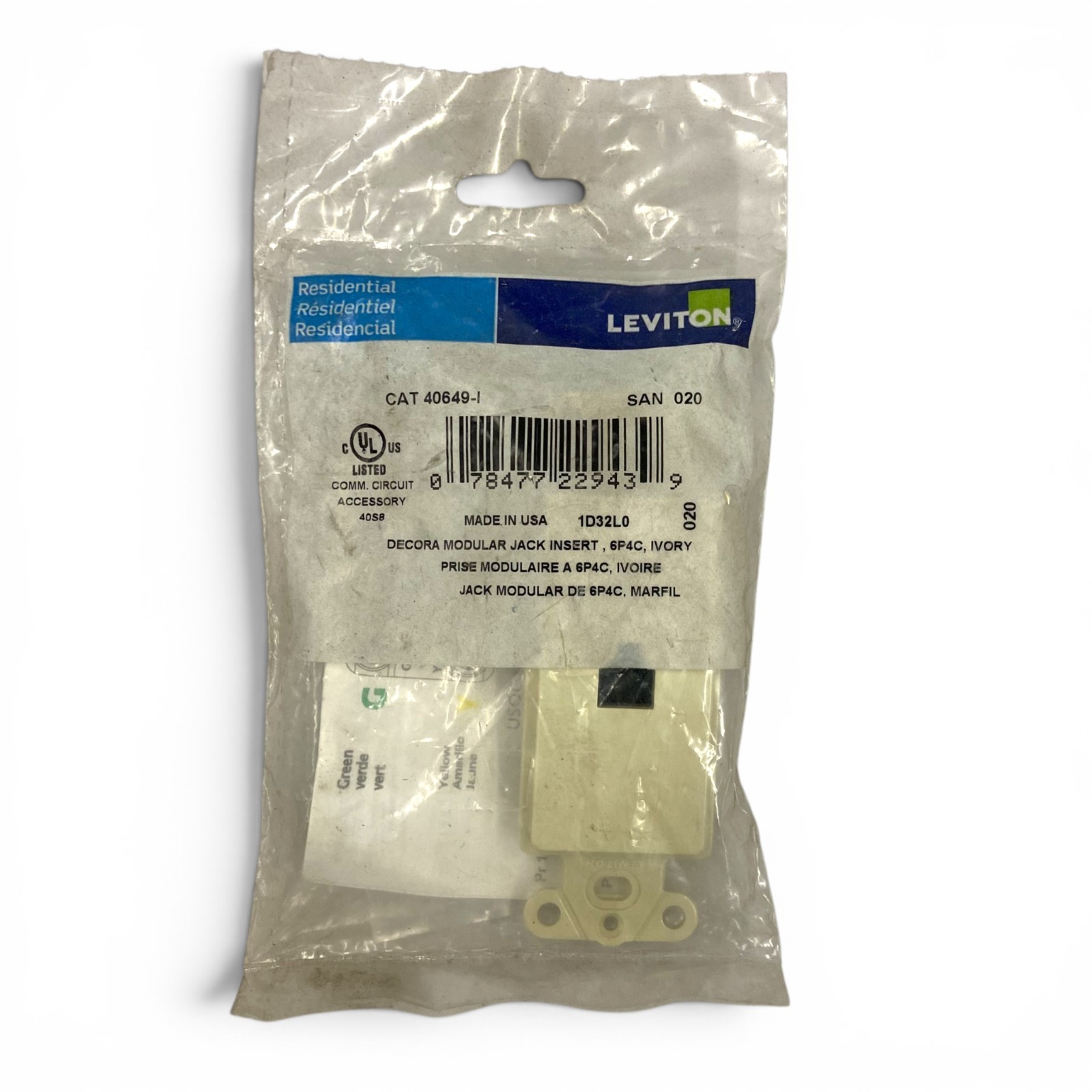 Leviton 40649-I Decora 6P4C Modular Telephone Jack Insert Ivory Made in USA