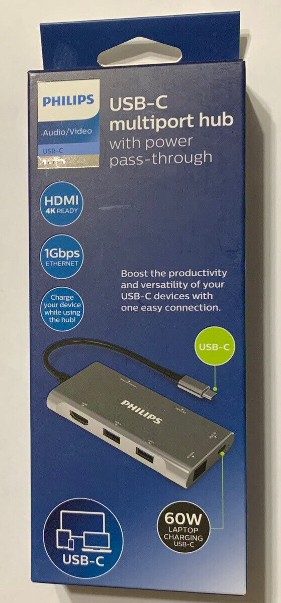 Brand New Philips Elite USB-C Multiport Hub with Power Pass-Through HDMI 4K 60W