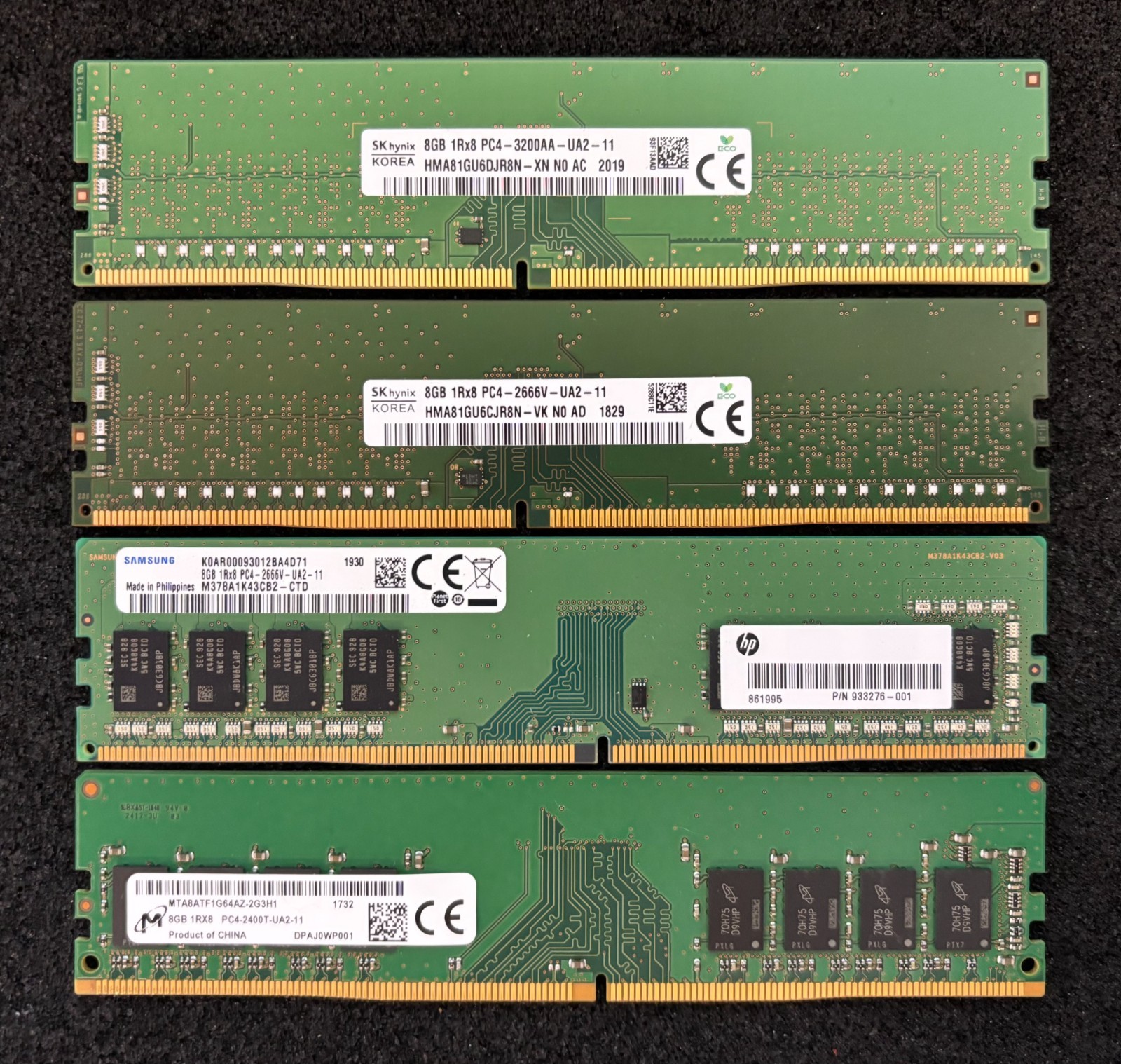 LOT OF 4 | 8GB PC4 MIXED BRANDS/SPEEDS 2400T/2666V/3200AA Desktop RAM