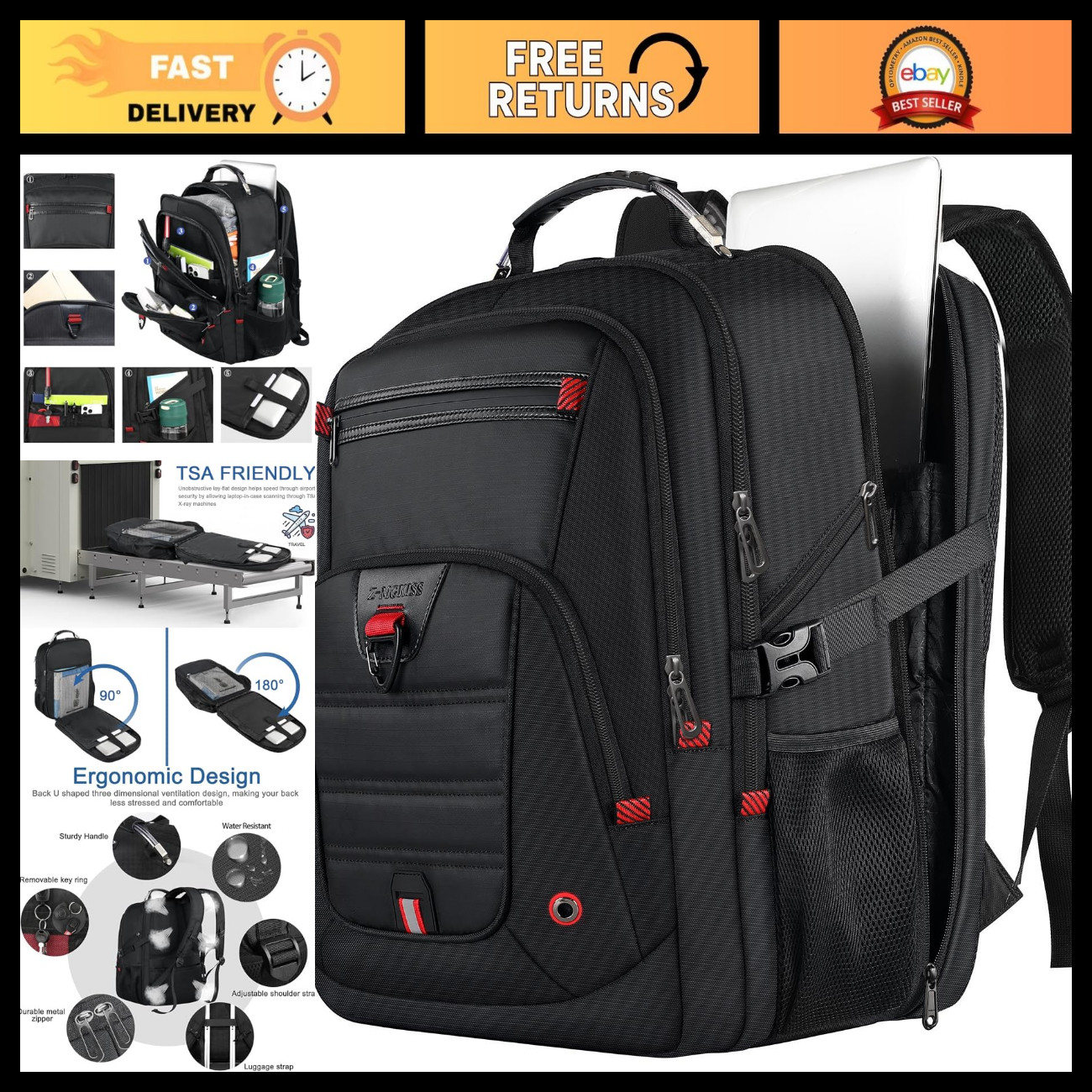 Extra Large 52L Travel Backpack for Men & Women, Fits 17.3" Laptops, Durable & S