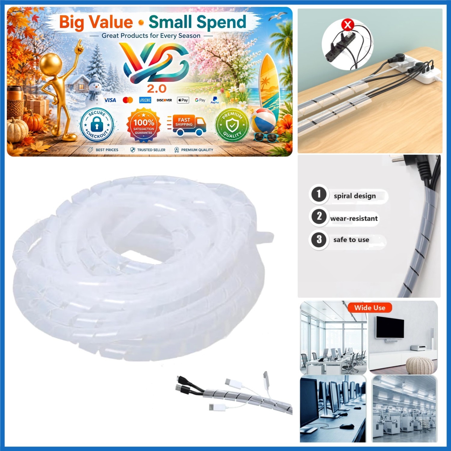 45Ft Spiral Cable Wrap White Cord Cover Computer TV Wire Organizer Sleeve
