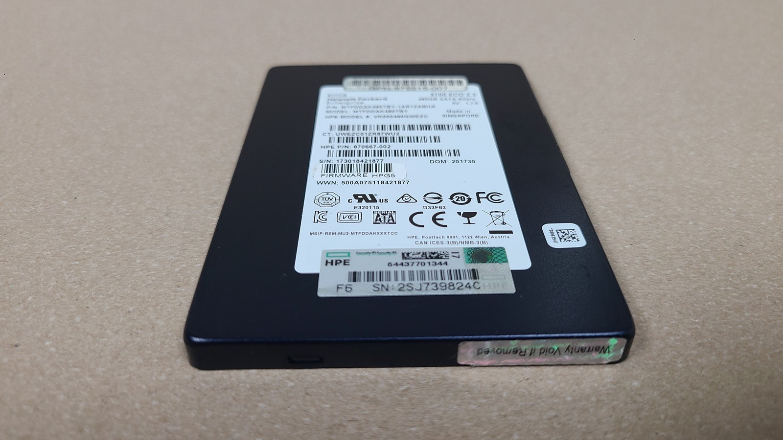 HP 5100 ECO 2.5" VK000480GWEZC 480GB 6Gbps SATA SSD Drive PN: 870667-002