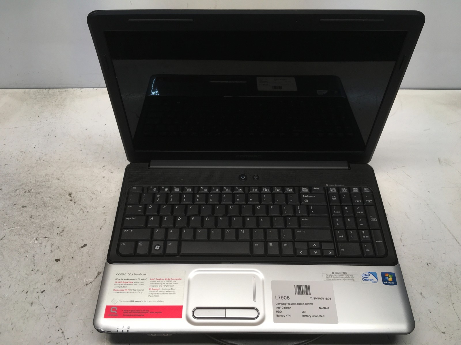 Compaq Presario CQ60-615DX Intel Celeron NO RAM NO HDD NO BAT - FOR PARTS/REPAIR