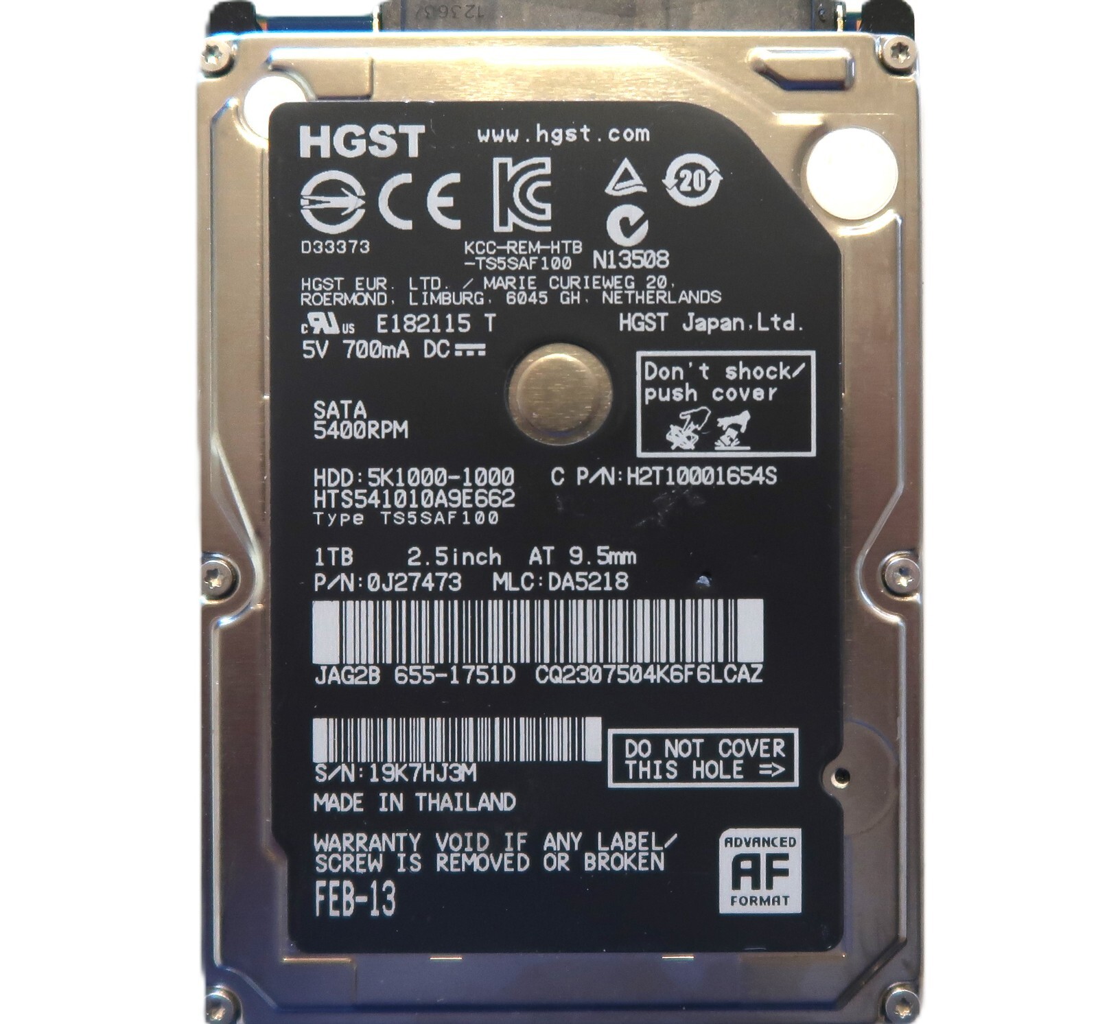 Hitachi HTS541010A9E662 PN: 0J27473 MLC:DA5218 Thailand 1TB 2.5" Sata HDD 2013