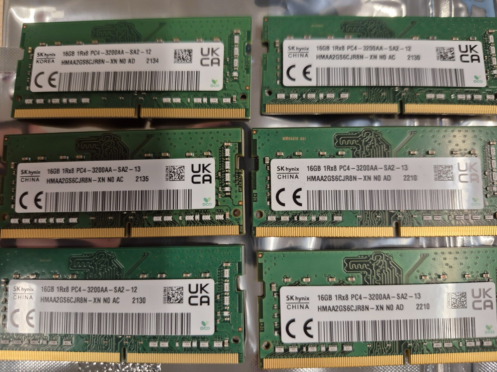 Lot of 6 SK Hynix HMAA2GS6CJR8N-XN 1Rx8, PC4-3200DDR4 SODIMM 16GB used