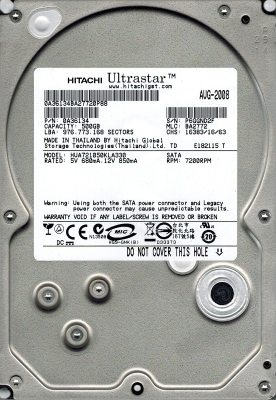 Hitachi HUA721050KLA330 P/N: 0A36134 MLC: BA2772 500GB