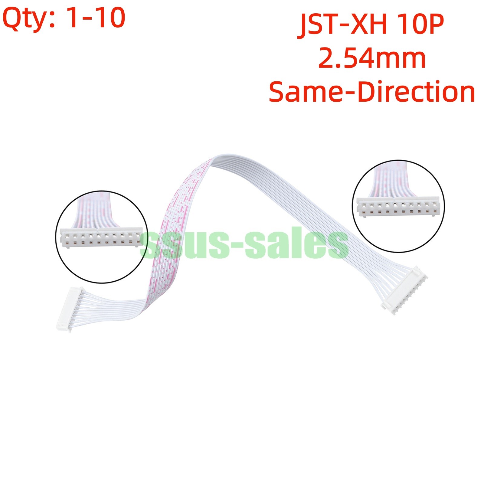 lots 10-pin 30 cm 2.54mm JST-XH same-orientation female-to-female ribbon cable