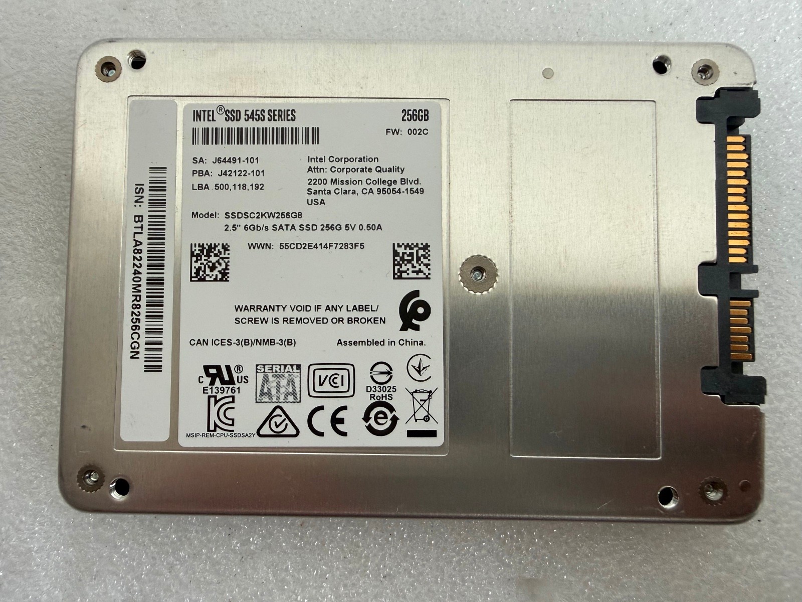 Intel 545s Series 256GB 2.5" SATA III SSD SSDSC2KW256G8